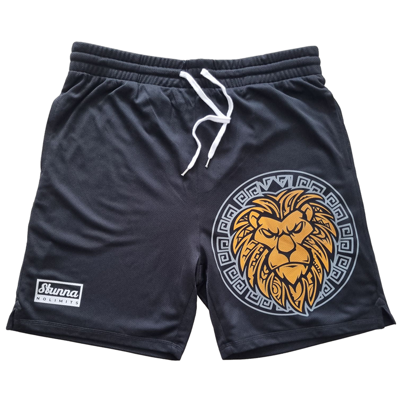 Front mockup of a black men's court shorts, large image of a fearless lion on left side with Stunna no limits tag on bottom left South Auckland made