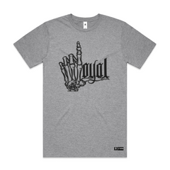 loyal SA, mixed image and font  with skeleton hands, gangster inspired, black coloured print on grey urban collab 7xl