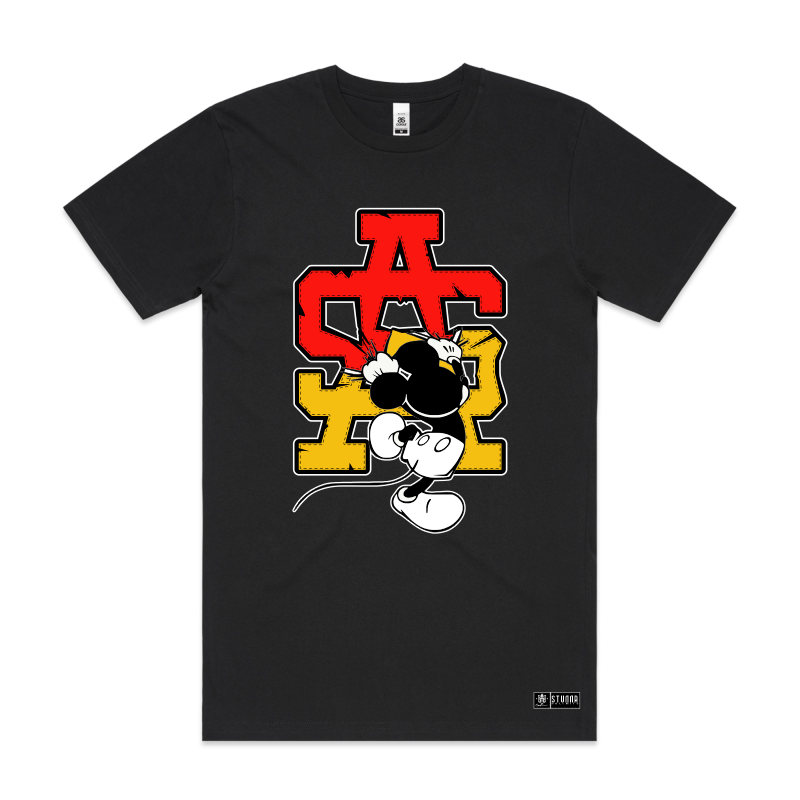 Large SA featuring mickey mouse, and character inspired colours with black AS Colour block tshirt and urban collab 7xl. Stunna tag on bottom left