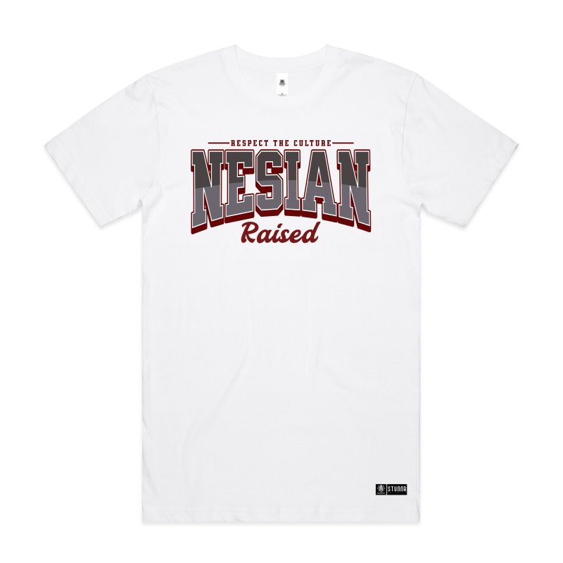 Typo design, Respect the culture, nesian raised, multi coloured print on white AS colour block tshirt