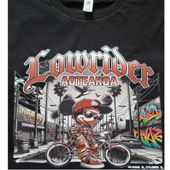 Mixed image and font design, Mickey mouse on a lowrider bike, Aotearoa steets, multi coloured print on black AS Colour block tshirt and urban collab 7xl