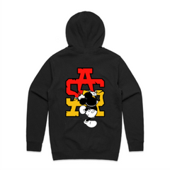 Back mockup of a black hoodie, large SA logo printed with mickey mouse and character inspired colours