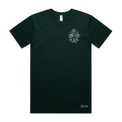 SA logo printed front of t-shirt, snakes & roses inside patterns,white coloured print on pine green AS Colour block T-shirt