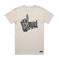 loyal to the bone, Large mixed image and font print with skeleton hands, gangster inspired, main colour print is black  on bone AS Colour block tshirt 