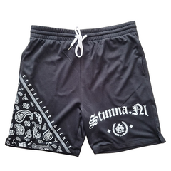 Front mockup view of men's Black court shorts, bandana patterns with stunna.nl printed together with SA logo